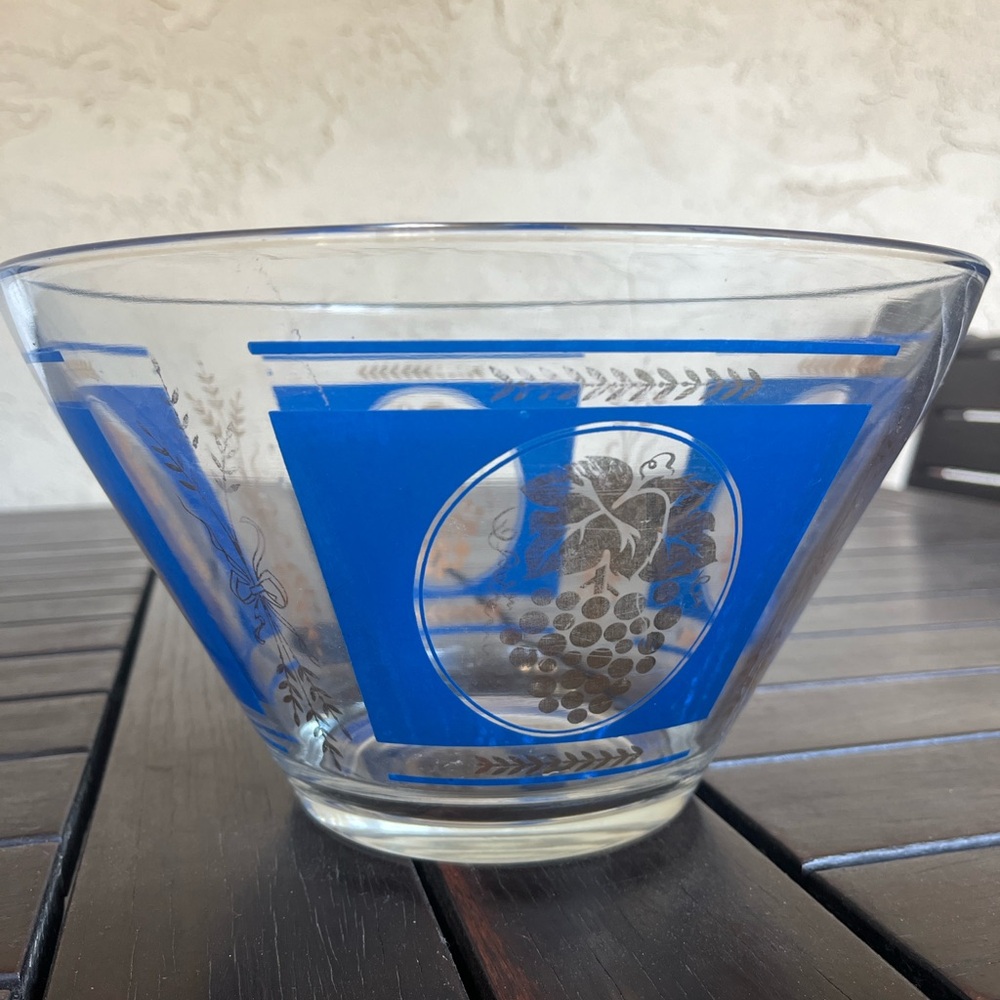 Mid Century Hazel Atlas Blue Gold Grapes Bowl